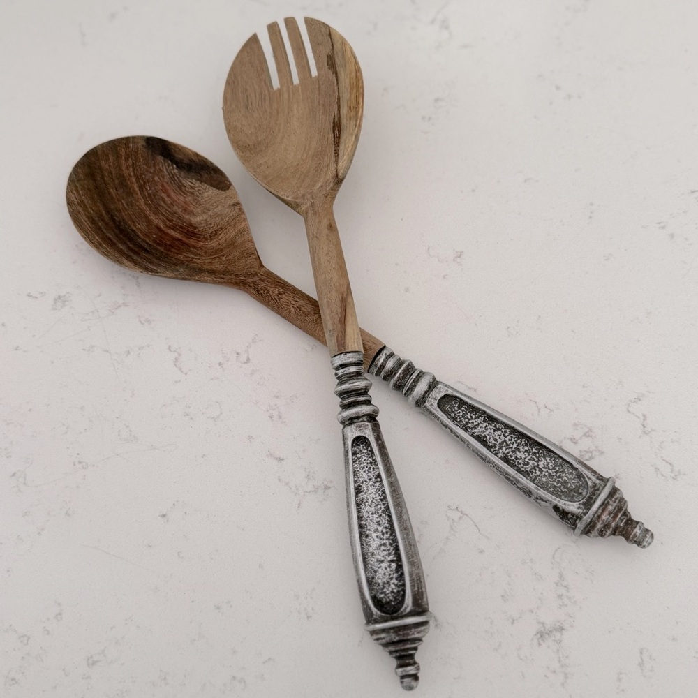 Vintage PIER 1 Serving Spoon Fork Salad Dark Brown Wood Carved Serveware